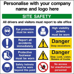 CONSTRUCTION SITE SAFETY BANNER. Building site PPE and Warnings sign.
