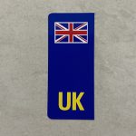 UK NUMBER PLATE STICKER FOR MOTORBIKES. A blue column with a Union Jack at the top and UK in yellow at the base.