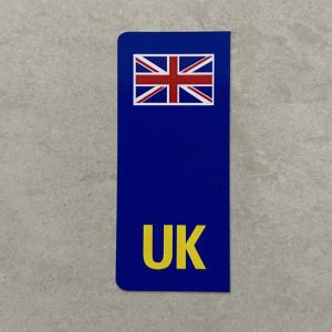 UK NUMBER PLATE STICKER FOR MOTORBIKES. A blue column with a Union Jack at the top and UK in yellow at the base.