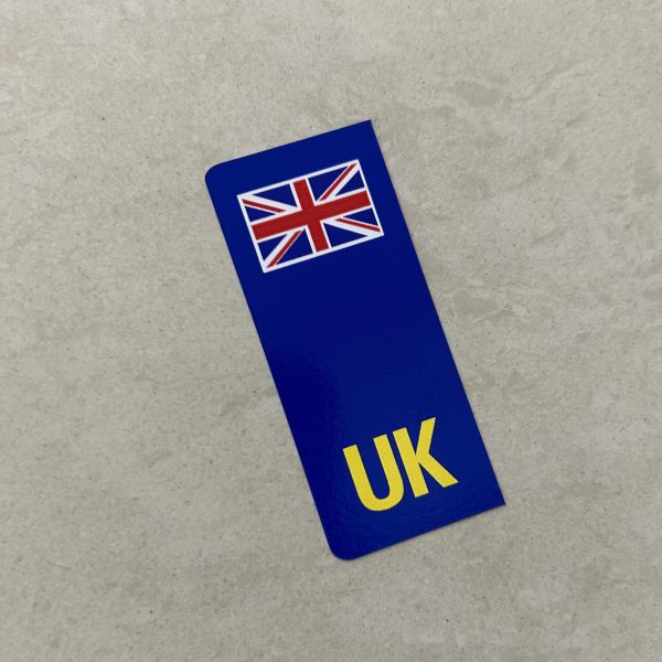 UK NUMBER PLATE STICKER FOR MOTORBIKES. A blue column with a Union Jack at the top and UK in yellow at the base.