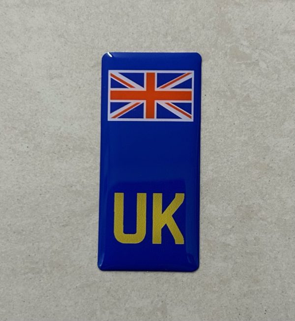 UK NUMBER PLATE DOMED RESIN GEL STICKER FOR MOTORBIKES. A blue domed resin gel column. UK in yellow at the base with a Union Jack at the top.