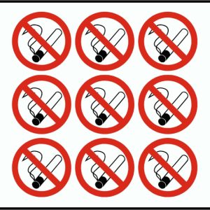 NO SMOKING STICKERS. A cigarette and a plume of smoke on a white background. A circular sticker with a red border and a red diagonal stripe through it.