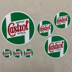 CASTROL WAKEFIELD STICKERS. The classic Castrol logo. A green circular sticker with a white border. Castrol in red lettering on a white background in the centre. Additional text in black, Wakefield Motor Oil (Patented).
