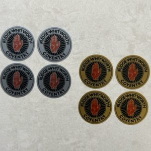 RUDGE WHITWORTH WIRE WHEEL STICKERS. Rudge-Whitworth Coventry in black lettering on a gold/silver outer circle. Centre is a red hand on a gold/silver spoked wheel.