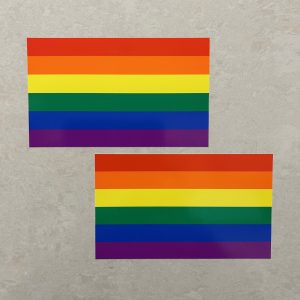 LGBTQ+ GAY PRIDE STICKERS. A rectangle made up of six horizontal stripes of colour. Red, orange, yellow, green, blue and violet.