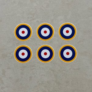 RAF ROUNDELS WW2 STICKERS. A yellow, blue and white roundel with a red centre.