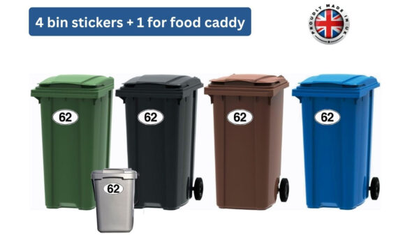4 White Oval Wheelie Bin Stickers with Black Numbers. Plus one smaller one for a Food Caddy
