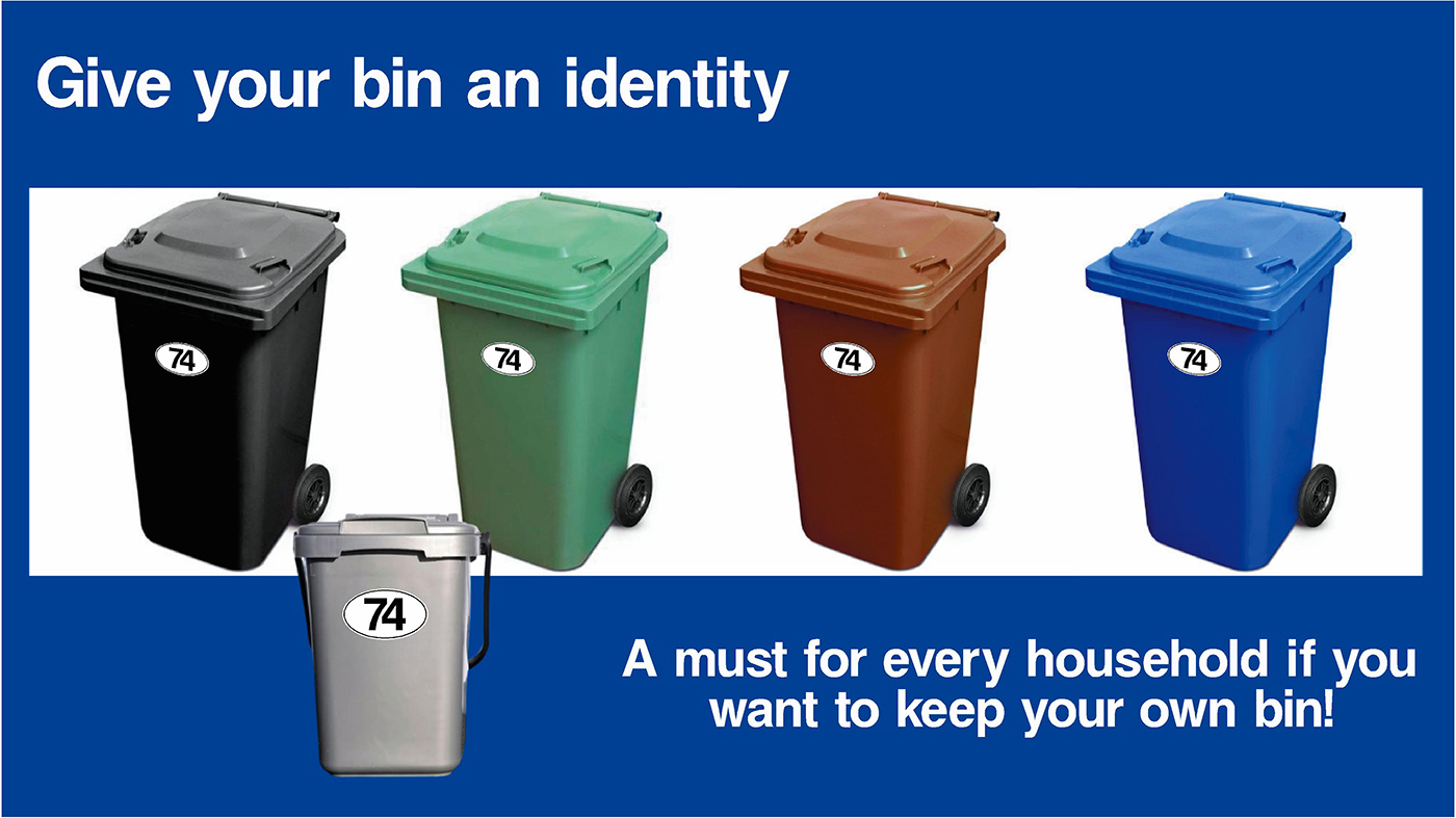 Blue background with 4 wheelie bins side by side and a food caddy. Each bin showing an oval sticker displaying the house number