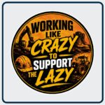 Orange, black and white sticker showing diggers, tractors, work boots and hard hats