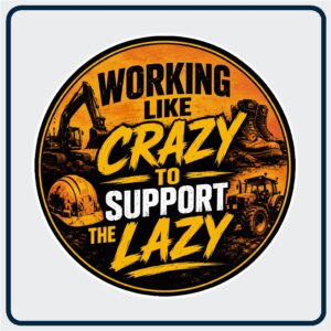 Orange, black and white sticker showing diggers, tractors, work boots and hard hats